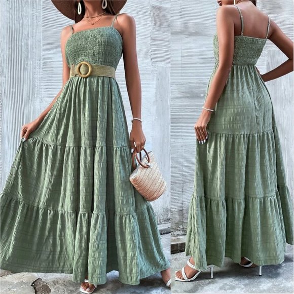 . Dresses & Skirts - GREEN BOHO Shirred Ruffle Hem Cami Dress
